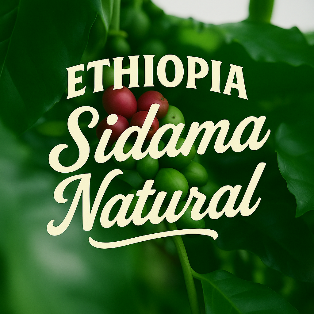 Coffee beans with 'ETHIOPIA Sidama Natural' text overlay on a green leafy background