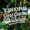 Coffee tree branch with red and green coffee berries and 'ETHIOPIA Gori Gesha Natural' text.