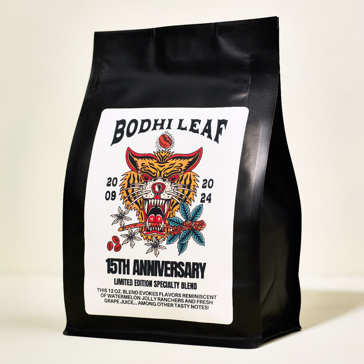 Black bag of roasted coffee with a white label reading Bodhi Leaf 15th Anniversy Limited Edition Specialty Blend