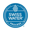 white square with blue circle with words "Swiss water process" in white font