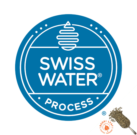 white square with blue circle with words "Swiss water process" in white font